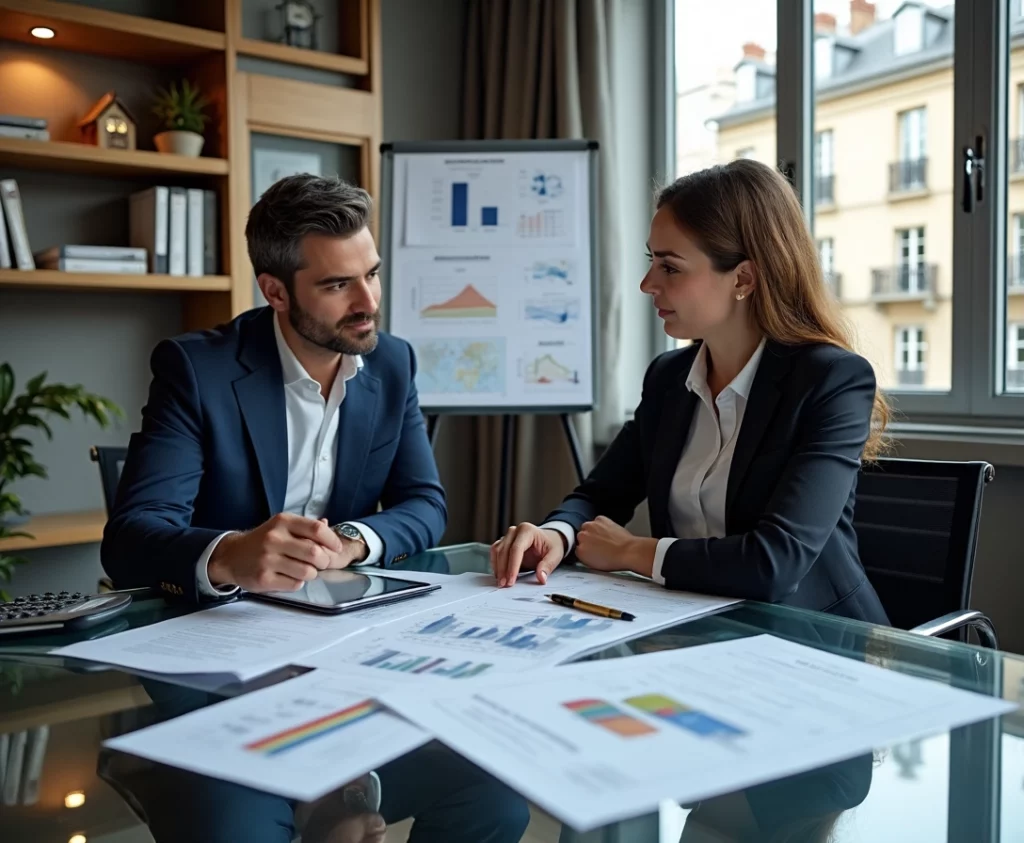 un homme et une femme discutant des possibilités d'investissements