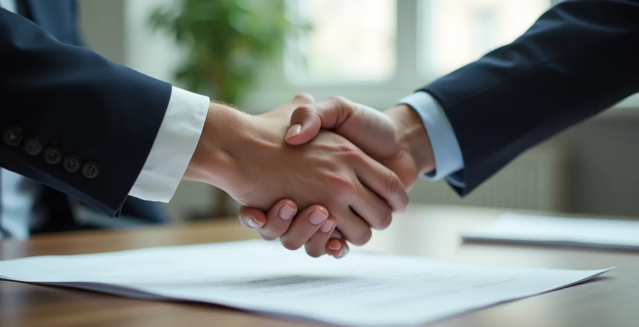 Illustration éditoriale mains signant un bail commercial avec compteur électrique visible en arrière-plan