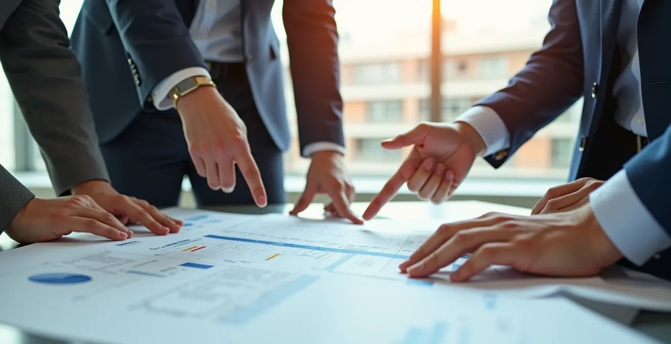 Réunion professionnelle dans un bureau moderne, échanges entre experts immobiliers et clients autour de plans et documents, ambiance dynamique et professionnelle