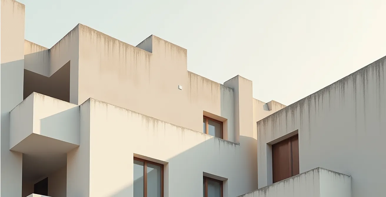 Vue aérienne d'un immeuble avec plusieurs sections de couleurs différentes représentant des unités, symbolisant la complexité des compteurs partagés