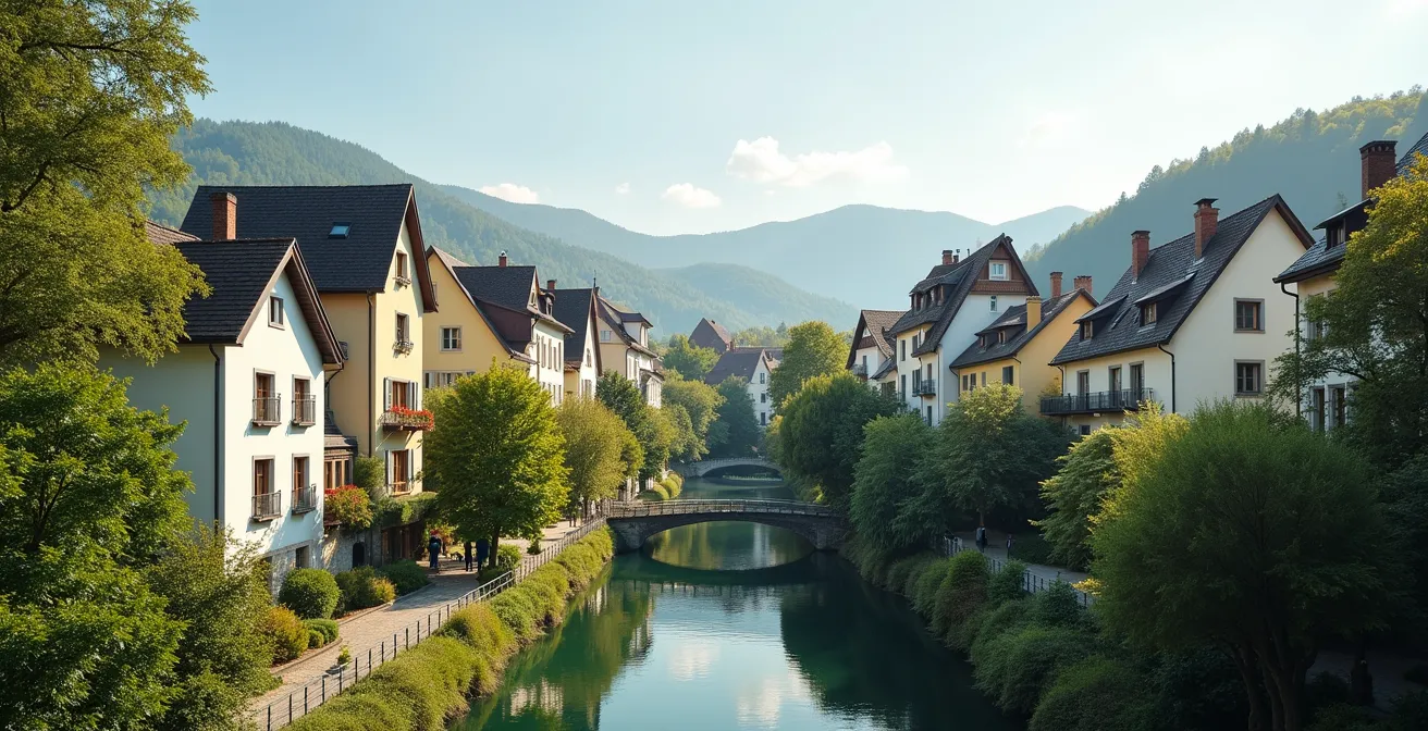 Vue photographique d'un quartier urbain à La Chaux-de-Fonds avec bâtiments modernes et espaces verts intégrés, ambiance paisible et culturelle