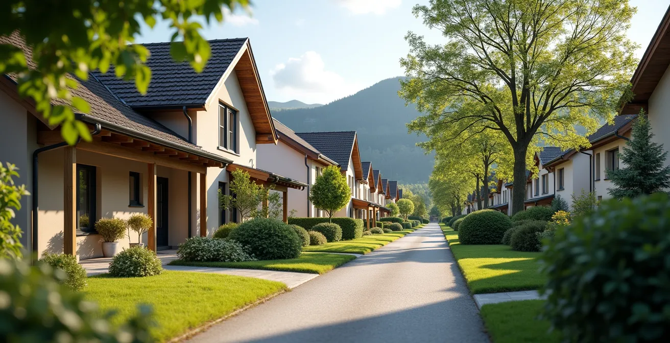Photographie d'un quartier résidentiel moderne et calme de La Chaux-de-Fonds avec verdure et espaces verts sous un éclairage doux