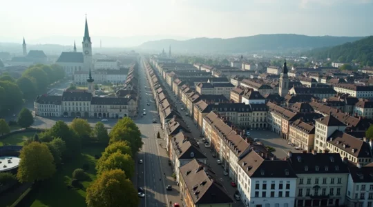 Vue aérienne réaliste de La Chaux-de-Fonds montrant un paysage urbain organisé avec bâtiments anciens et modernes sous lumière douce, atmosphère calme et accueillante, sans texte ni logos