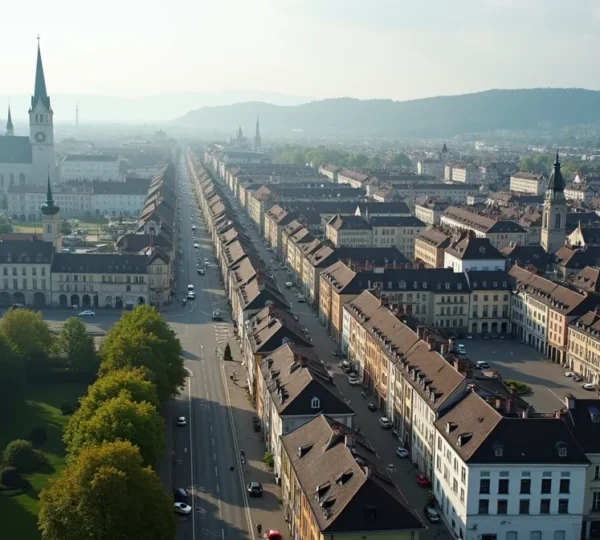Vue aérienne réaliste de La Chaux-de-Fonds montrant un paysage urbain organisé avec bâtiments anciens et modernes sous lumière douce, atmosphère calme et accueillante, sans texte ni logos