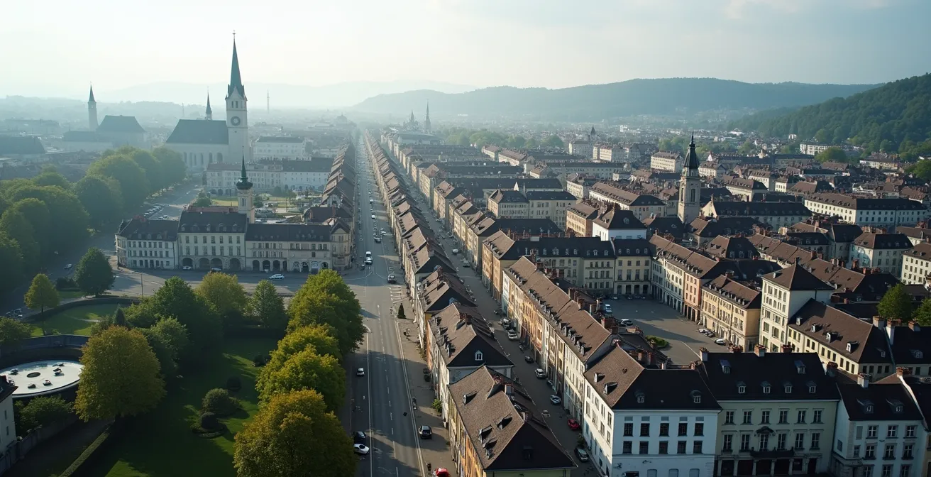 Vue aérienne réaliste de La Chaux-de-Fonds montrant un paysage urbain organisé avec bâtiments anciens et modernes sous lumière douce, atmosphère calme et accueillante, sans texte ni logos