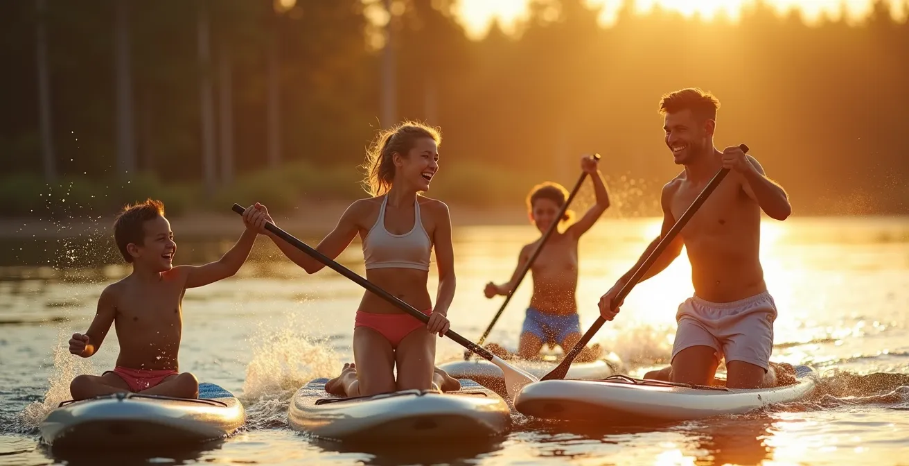 Famille pratiquant le paddle sur le lac marin calme d'Hossegor entourée de verdure