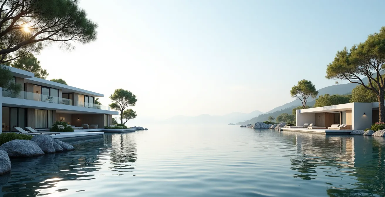 Vue panoramique du lac marin d'Hossegor avec des villas contemporaines nichées dans les pins
