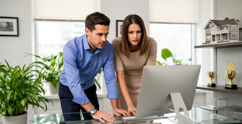 Deux personnes consultant un écran dans un bureau d'agence immobilière