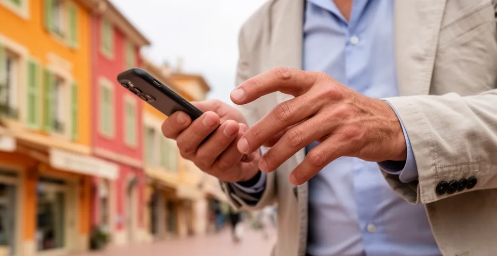 Homme d'affaires marchant dans une rue de Cannes