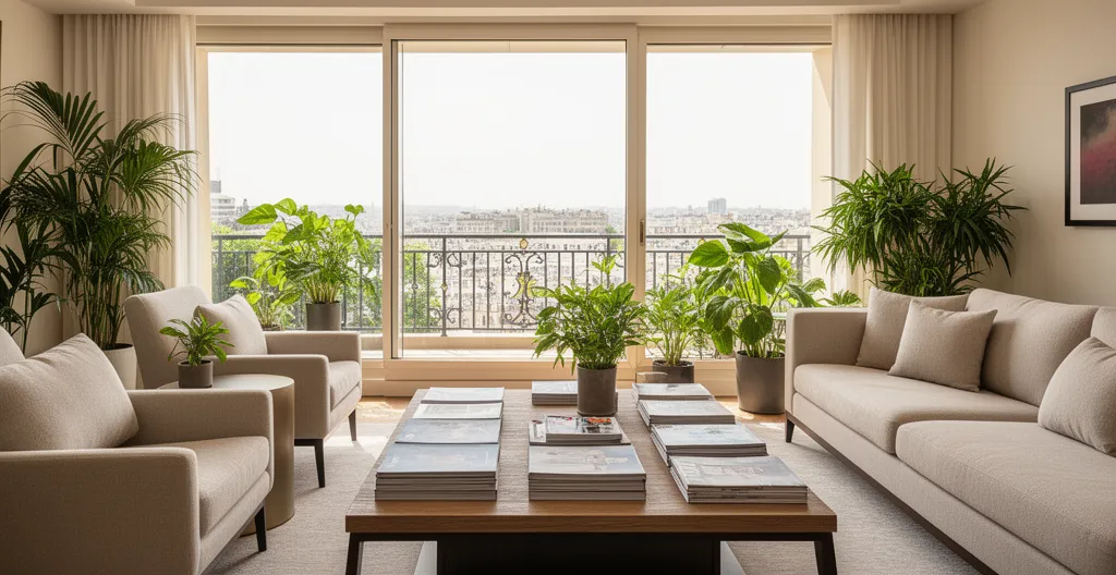 Séjour lumineux d'un appartement de standing avec baie vitrée