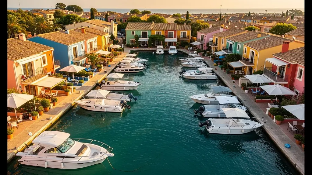 Vue aérienne de la marina d'Empuriabrava avec canaux et maisons colorées sur la Costa Brava