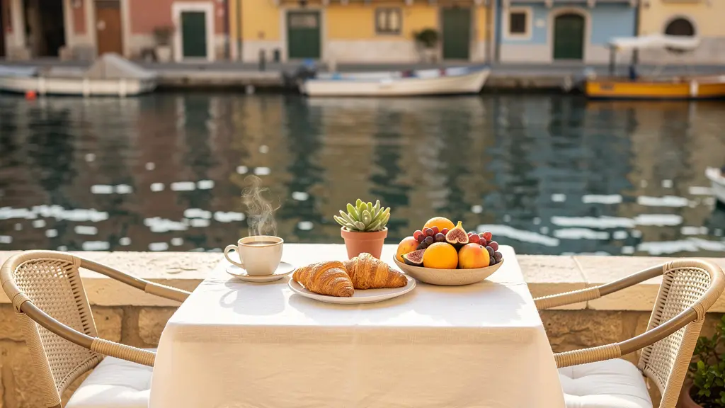 Terrasse ensoleillée avec petit-déjeuner et vue sur canal à Empuriabrava