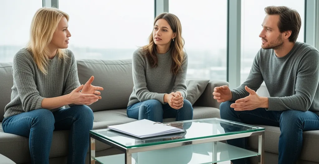 Conseiller immobilier échangeant avec des clients dans un salon lumineux