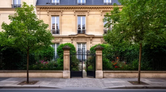 Façade maison de caractère avec jardin arboré typique de l'Ouest Parisien