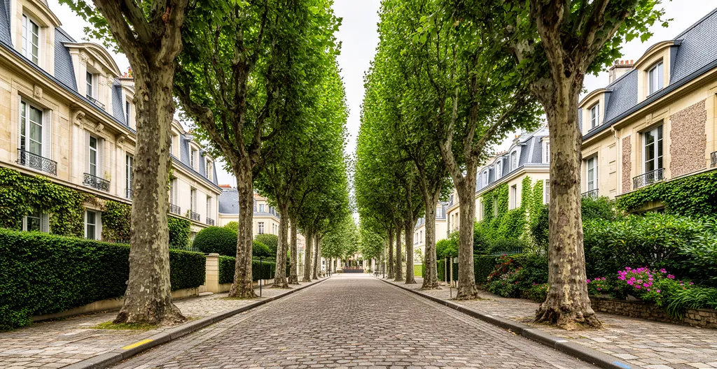 Rue calme bordée d'arbres et demeures bourgeoises dans les Yvelines