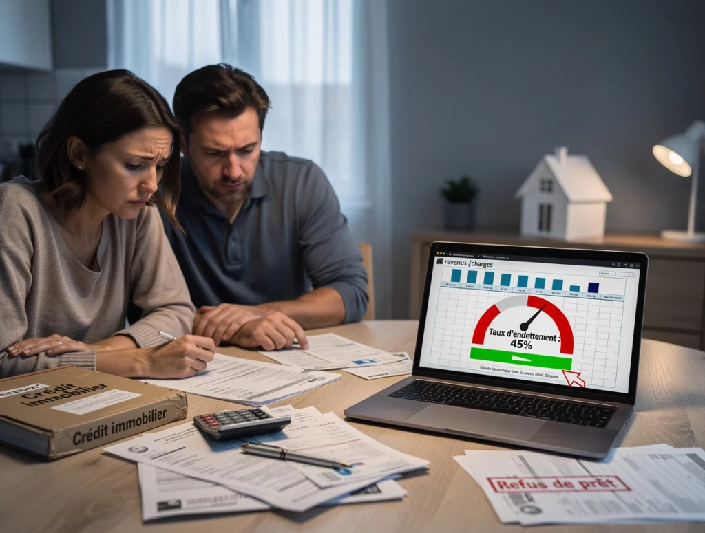 Un couple calcule leur taux d'endettement pour pouvoir emprunter