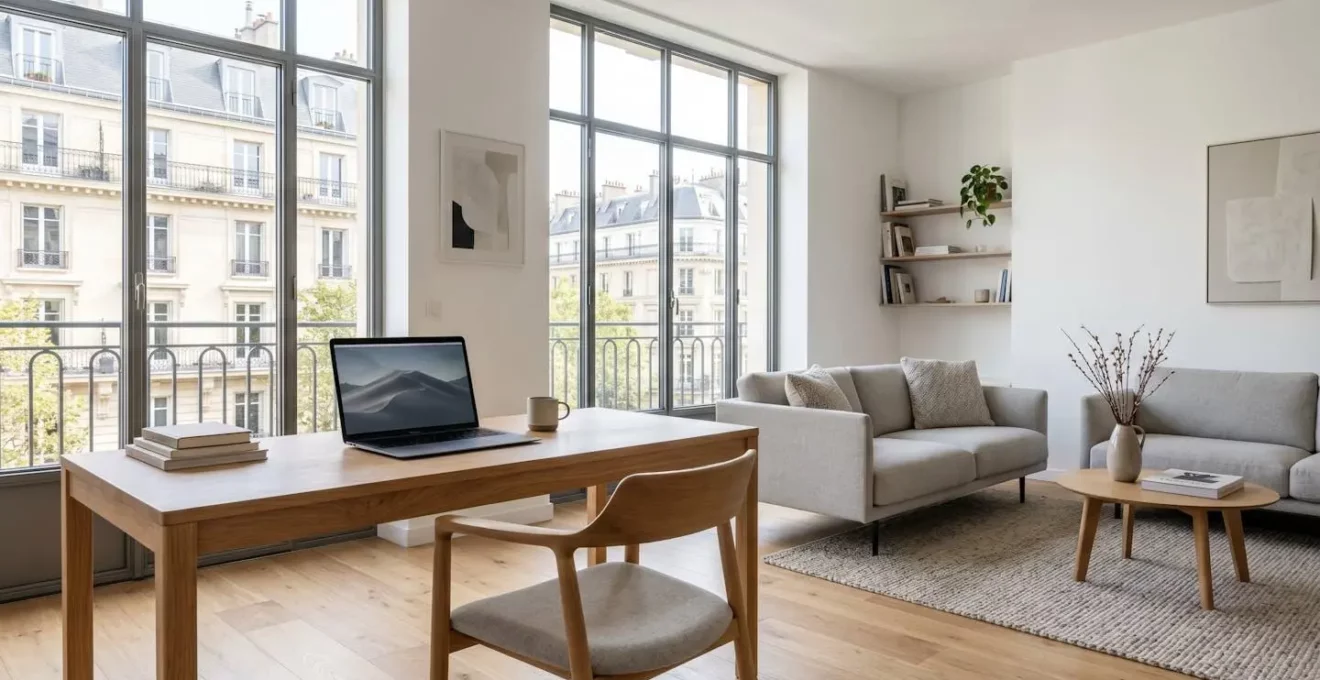 Vue en grand angle d'un bureau à domicile contemporain et lumineux avec un ordinateur portable sur une table en bois, grande fenêtre laissant entrer la lumière naturelle, intérieur minimaliste de style scandinave
