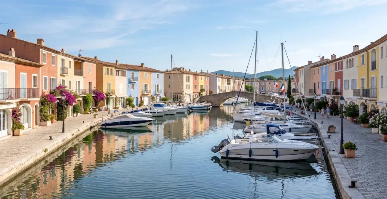 Vue sur les canaux de Port Grimaud avec leurs façades provençales colorées, pontons et bateaux amarrés sous la lumière matinale méditerranéenne