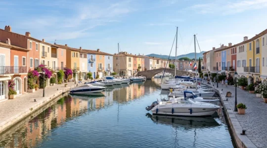 Vue sur les canaux de Port Grimaud avec leurs façades provençales colorées, pontons et bateaux amarrés sous la lumière matinale méditerranéenne