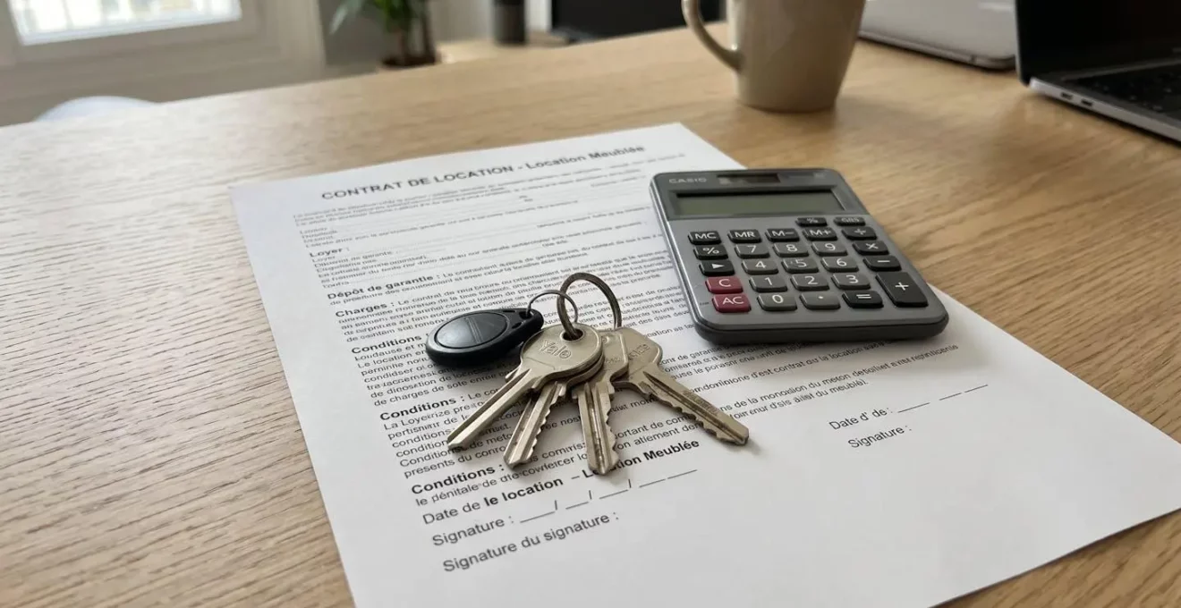 Gros plan sur des clés de logement posées à côté d'un document de bail et d'une calculatrice sur une surface en bois clair