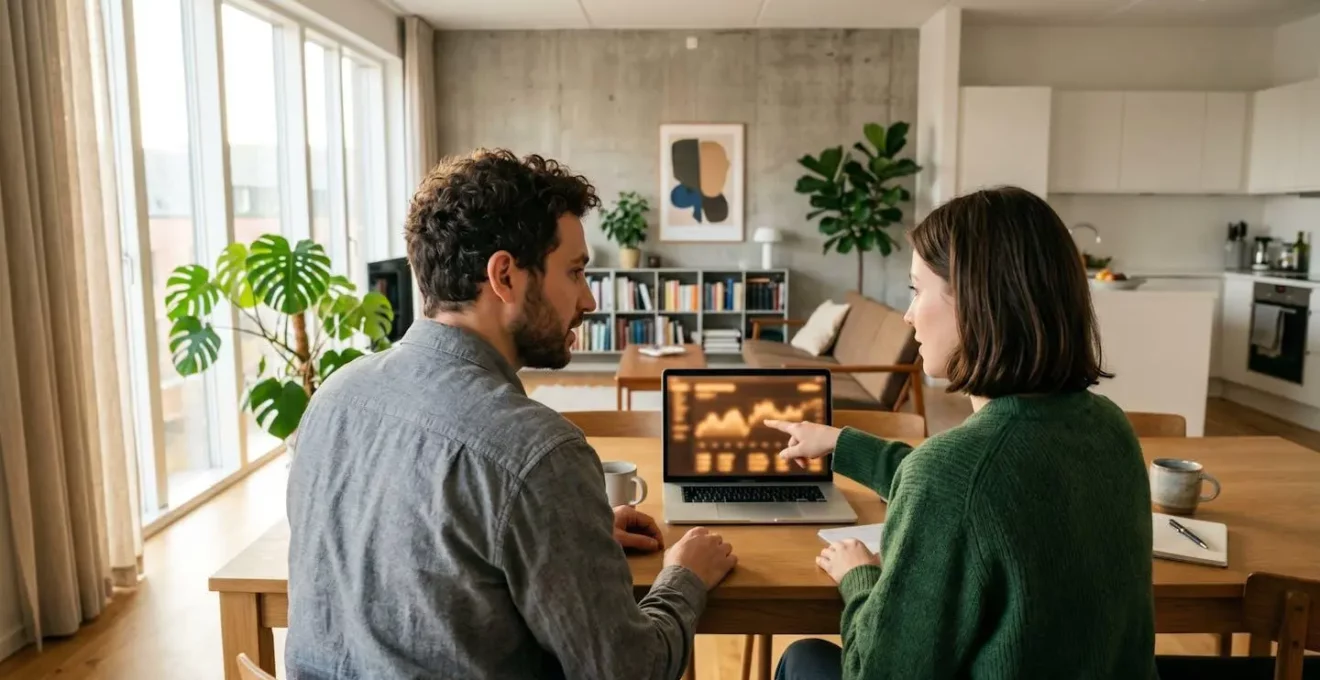 Un jeune couple vu de dos dans un salon lumineux observe ensemble un écran d'ordinateur portable affichant une interface de simulation financière