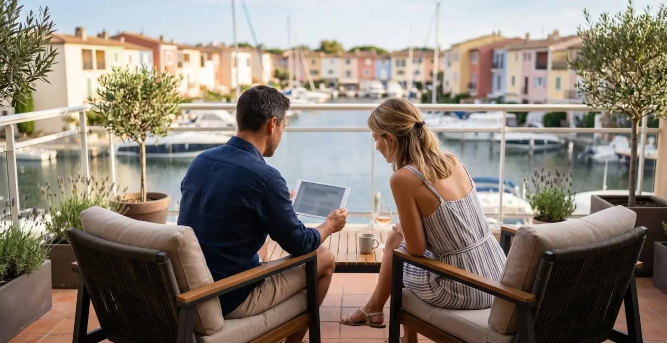 Un couple de dos sur une terrasse moderne consultant ensemble une tablette avec vue sur un canal de Port Grimaud en arrière-plan