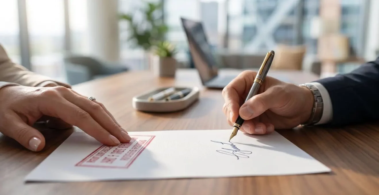 Gros plan sur des mains signant des documents officiels sur un bureau en bois clair avec un stylo et un tampon de notaire visible au premier plan