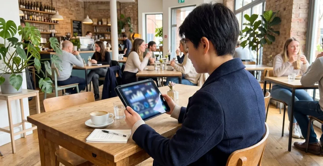 Une personne assise à une table en bois consulte des documents financiers sur une tablette dans un café lumineux, vue de trois-quarts arrière
