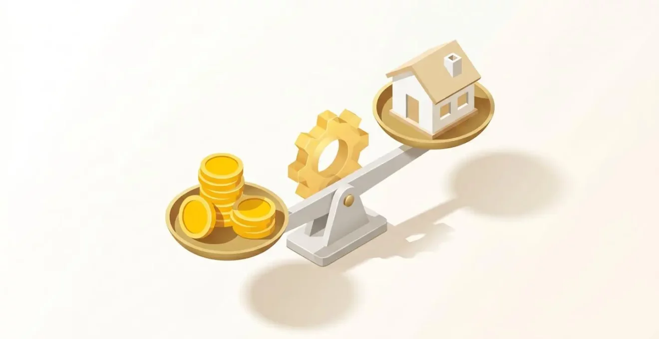 Illustration isométrique d'une balance avec des pièces d'un côté et une maison de l'autre, reliées par un engrenage symbolisant le coefficient multiplicateur du prêt épargne logement.
