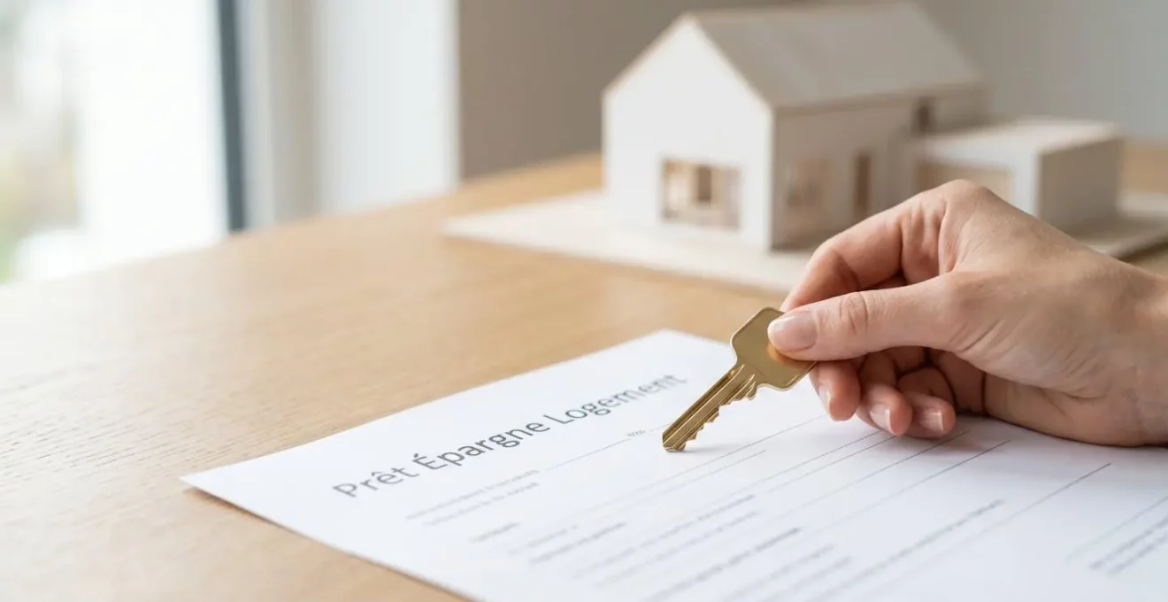 Main tenant une clé dorée posée sur un document de prêt épargne logement avec une maquette de maison en arrière-plan, symbolisant l'accès au financement immobilier.