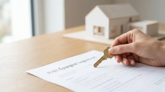 Main tenant une clé dorée posée sur un document de prêt épargne logement avec une maquette de maison en arrière-plan, symbolisant l'accès au financement immobilier.