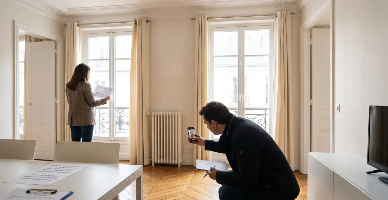 Acheteur examinant les détails techniques lors d'une visite d'appartement avec prise de notes méthodique