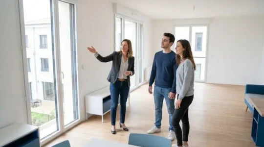 Agent immobilier présentant un appartement lumineux à un jeune couple dans un immeuble contemporain bordelais