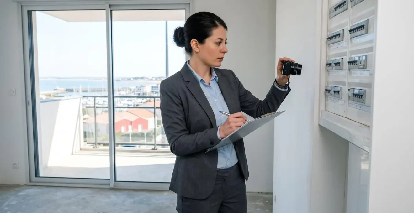 Agent immobilier professionnel réalisant un état des lieux méticuleux dans un appartement moderne