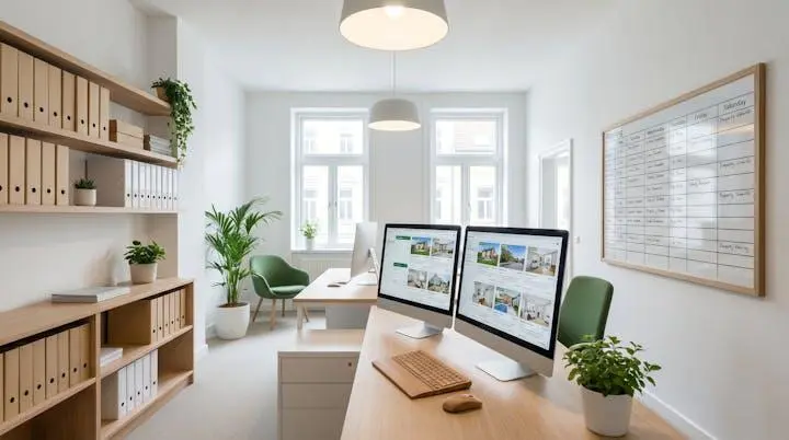 Bureau d'agence immobilière moderne avec dossiers organisés et planning des visites affiché