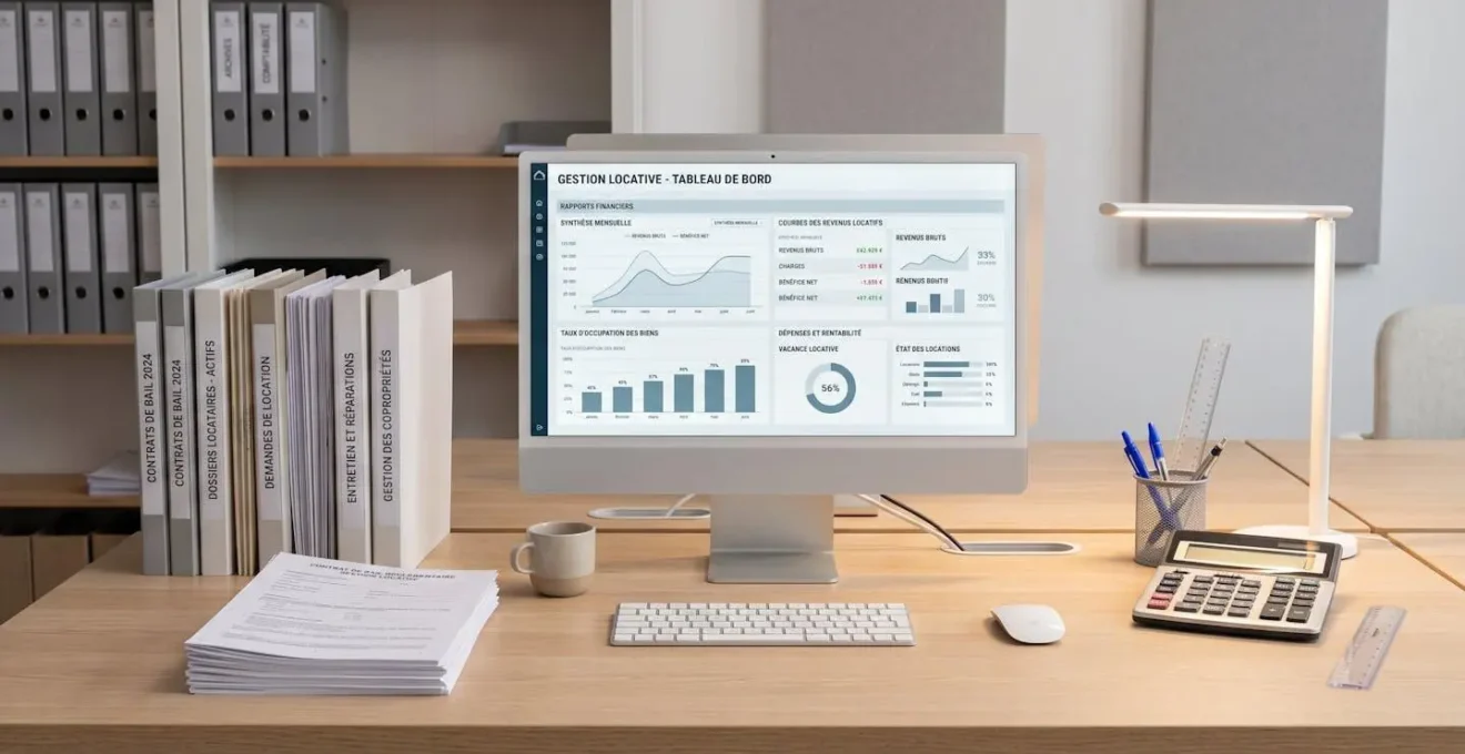 Bureau d'agence moderne avec écran de gestion locative et documents administratifs parfaitement organisés