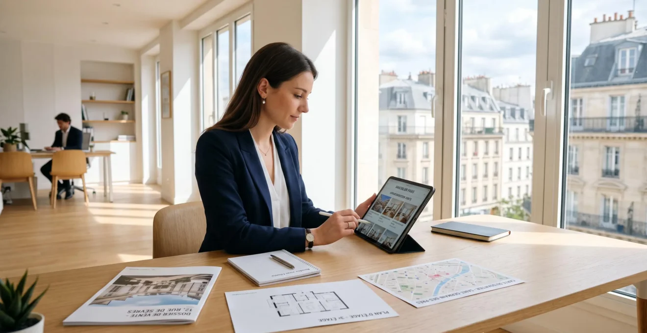 Professionnel consultant des annonces immobilières sur tablette dans un bureau d'agence immobilière moderne avec documents de recherche