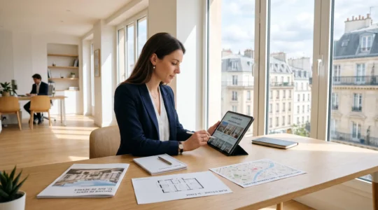 Professionnel consultant des annonces immobilières sur tablette dans un bureau d'agence immobilière moderne avec documents de recherche