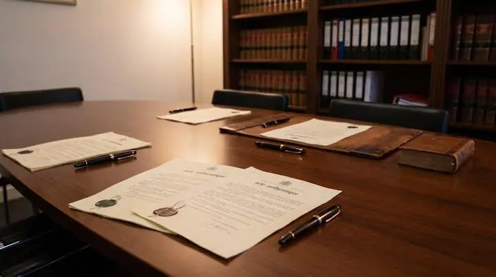Table de signature dans une étude notariale moderne avec documents officiels préparés