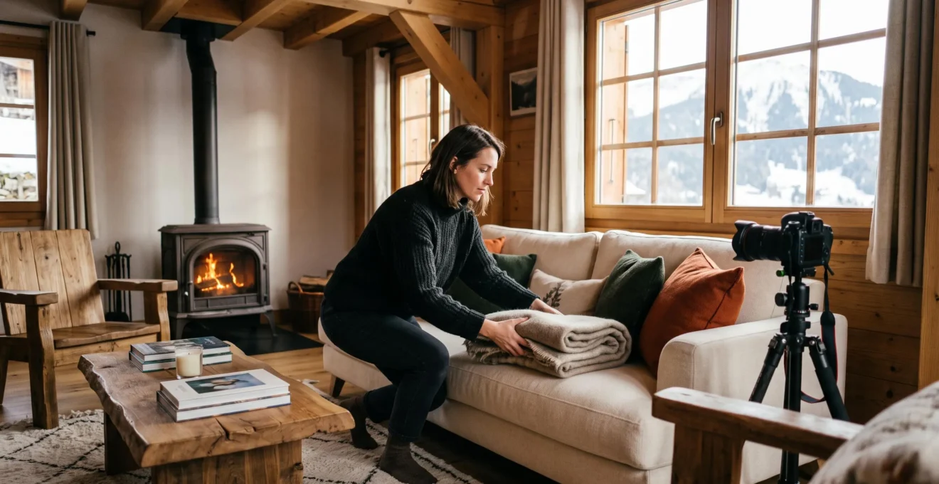 Un agent immobilier prépare le salon d'un chalet en bois avant des visites, avec un appareil photo sur trépied.