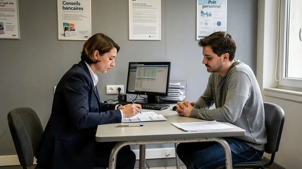 Un conseiller explique un document de financement à un client en banque