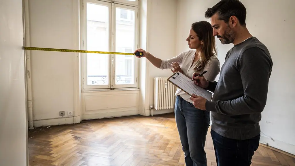 Un couple mesure un mur dans un appartement vide lors d'une visite