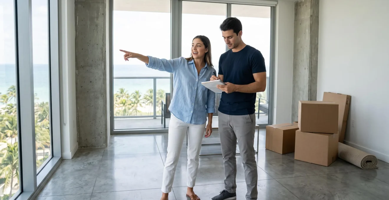 Un couple visite le salon vide d'un condominium lumineux à Miami.