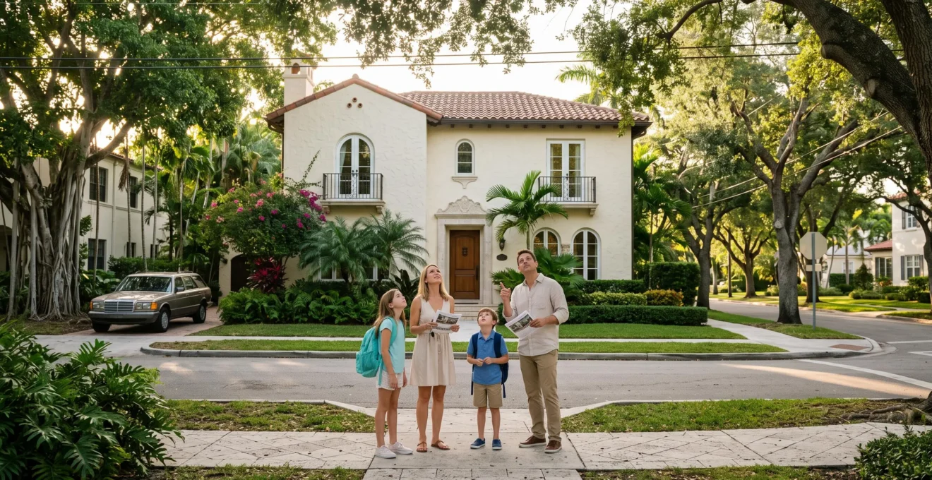Une famille observe une maison de style méditerranéen dans un quartier résidentiel arboré de Miami.