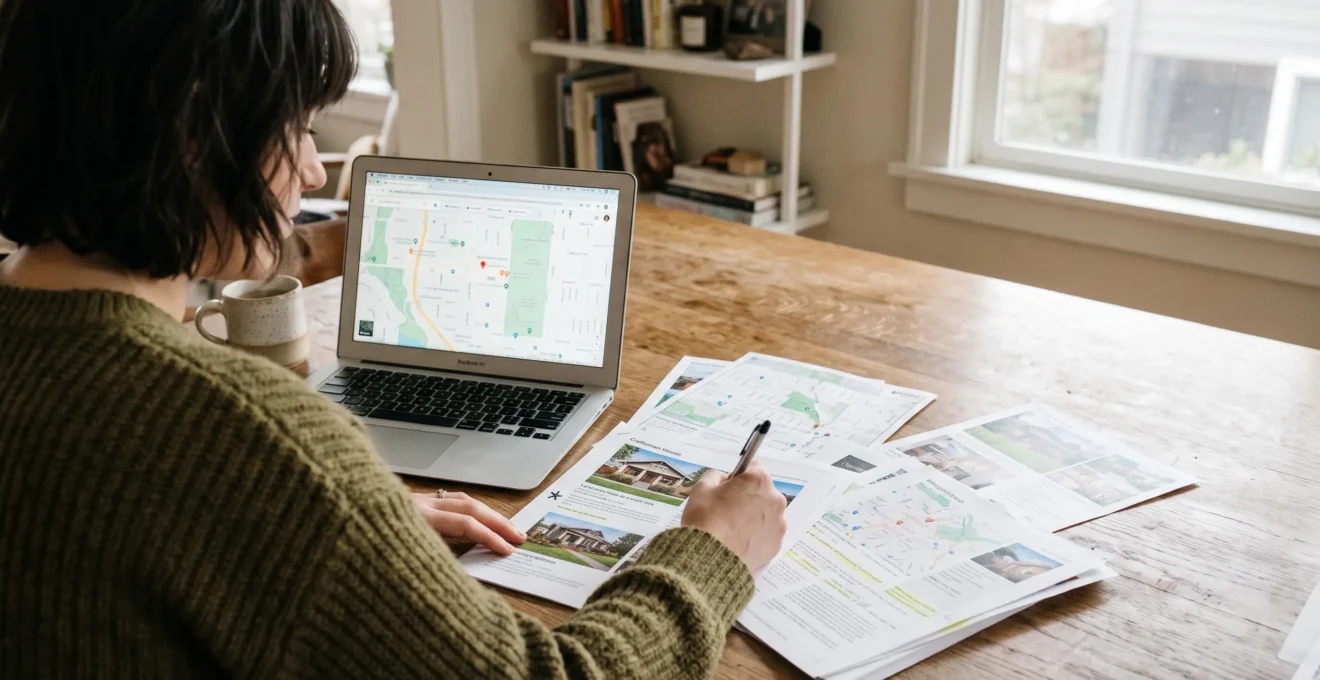 Une femme compare des annonces de maisons imprimées sur une table.