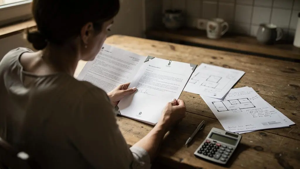 Une femme examine des documents immobiliers avec une calculatrice à sa table