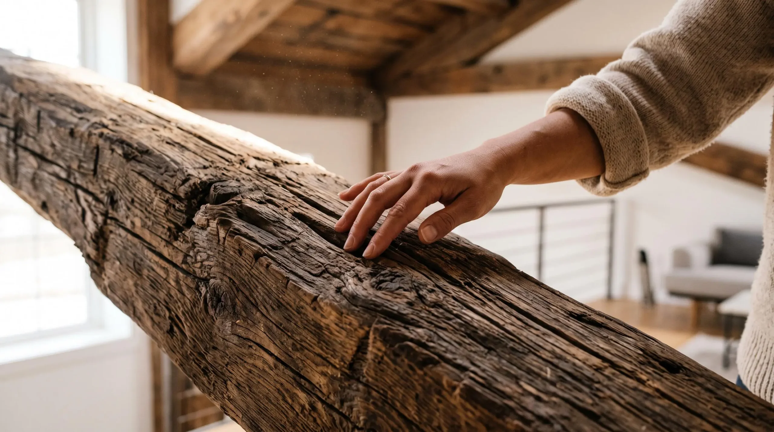 Main inspectant la texture d'une poutre en bois ancien dans un loft