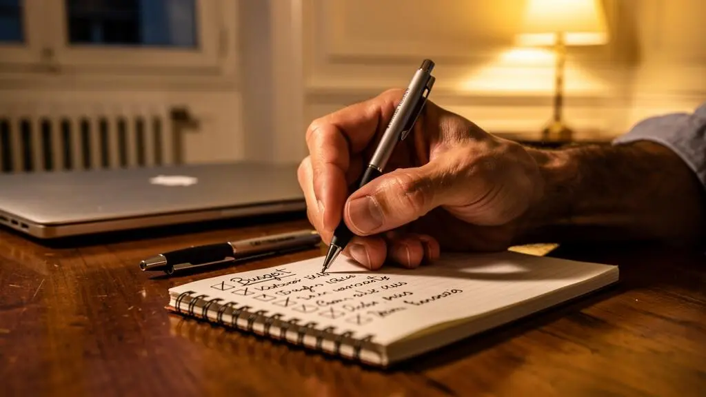 Une main coche une ligne sur une checklist de budget sur un carnet
