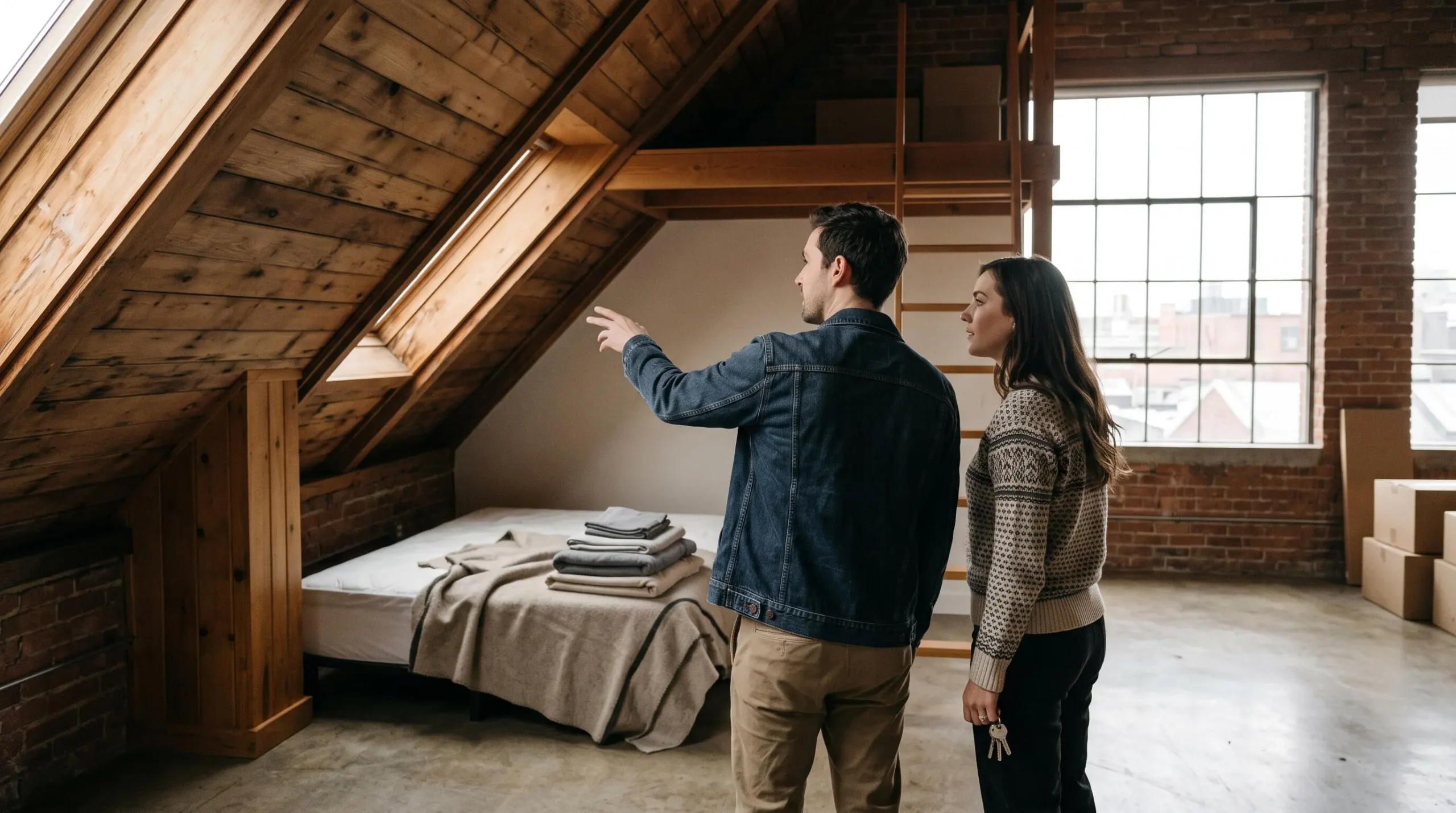 Couple visitant un loft et échangeant avec le propriétaire près d'un couchage